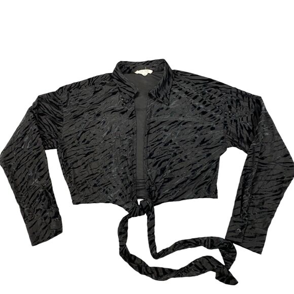 12th Tribe Crop Blouse Womens Medium Black Zebra Print Long Sleeve Tie Front - Picture 11 of 13